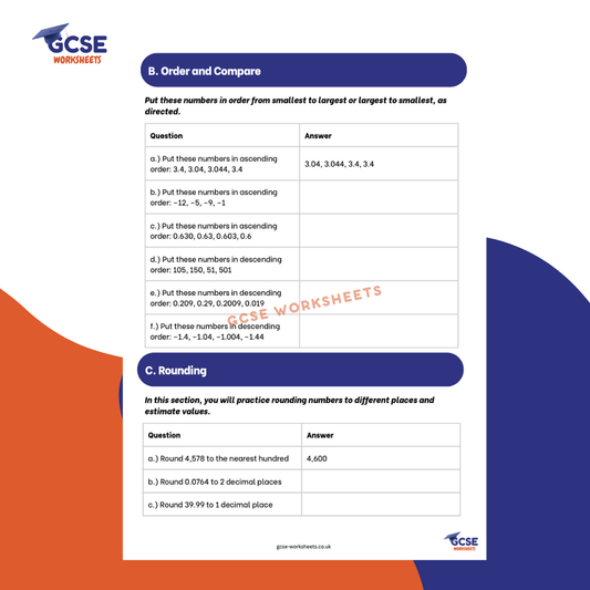GCSE Maths Worksheet: Integers, Decimals & Rounding (with Answers) - Foundation & Higher