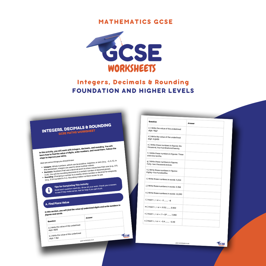 GCSE Maths Worksheet: Integers, Decimals & Rounding (with Answers) - Foundation & Higher
