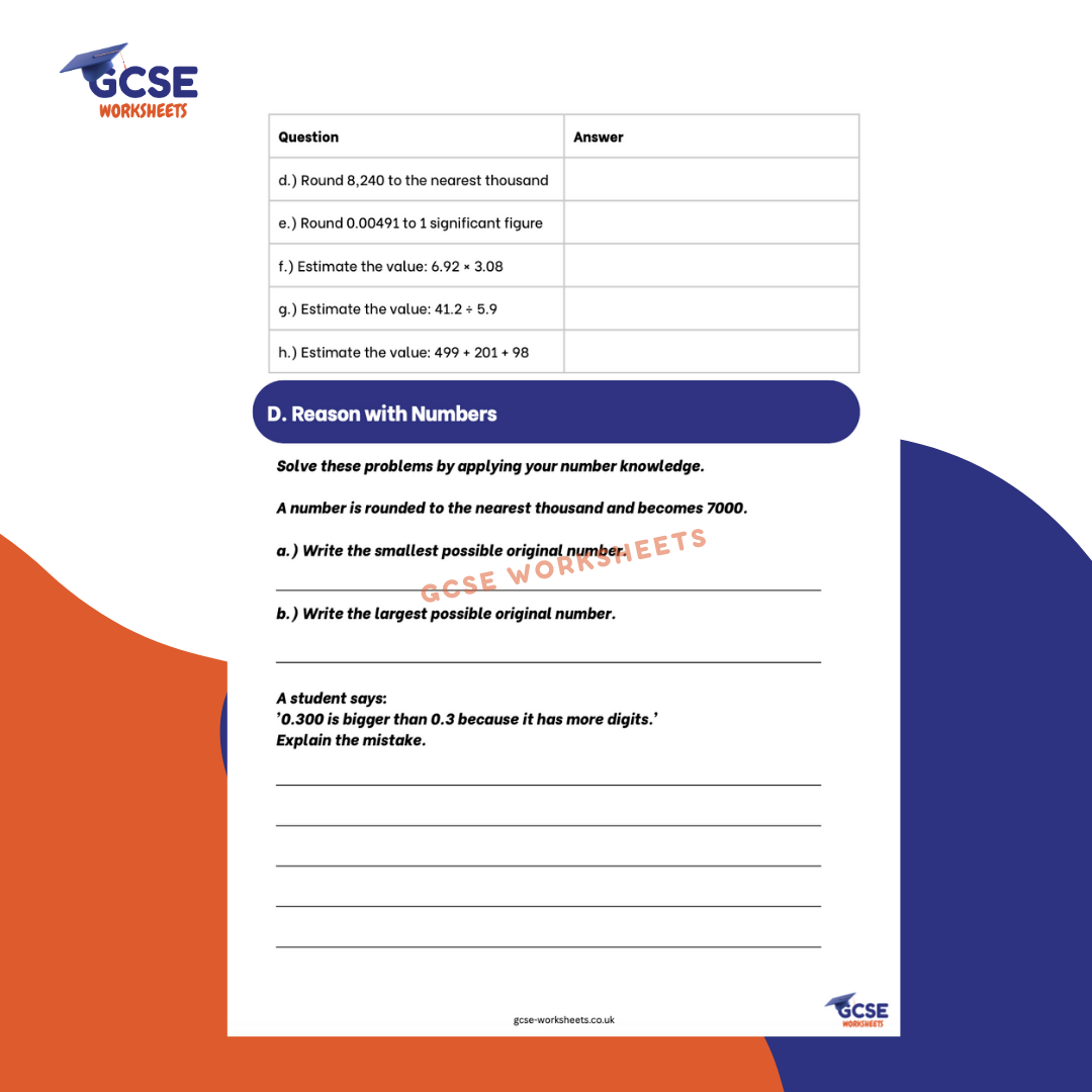GCSE Maths Worksheet: Integers, Decimals & Rounding (with Answers) - Foundation & Higher
