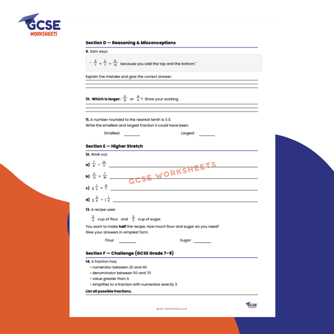 GCSE Maths Worksheet: Fractions (with Answers) - Foundation & Higher